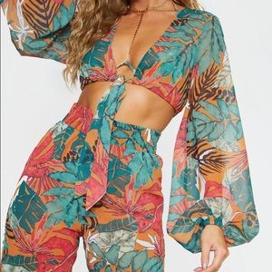 PLT Orange Big Leaf Wide Leg Beach Pants
